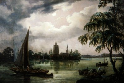 A moonlit view of the Thames from Chelsea by John Thomas Serres