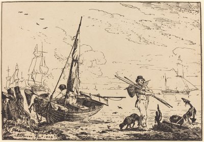 Marine: Fishing Boats on Shore, Man with Oars, Ship in Distance by John Thomas Serres