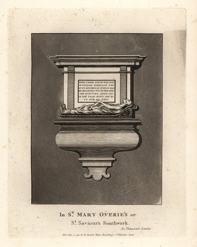 Grave effigy and monument to honest man William Emerson, died 1575, in St Mary Overie’s or St Saviour’s Southwark by John Thomas Smith