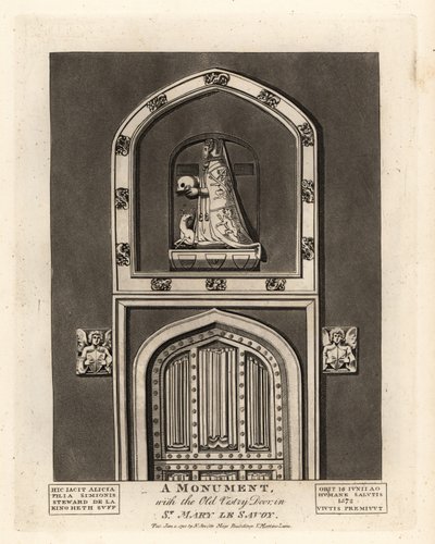 Grave effigy of Alicia, daughter of Simon Steward, with the Old Vestry Door in St Mary le Savoy by John Thomas Smith