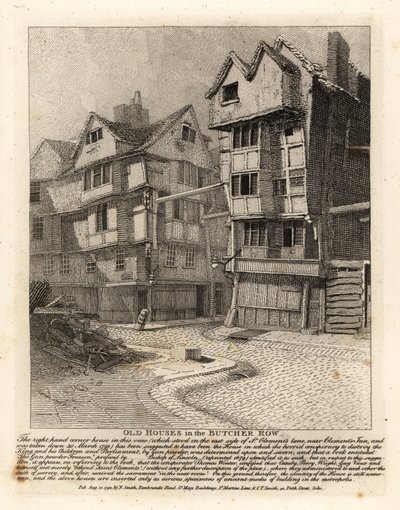 Old houses in the Butcher Row, London The right-hand corner house on St Clement’s Lane reputedly used by the leaders of the Gunpowder Plot by John Thomas Smith