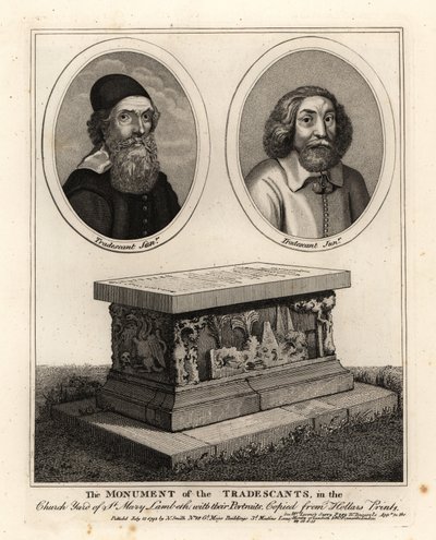 Oval portraits of naturalists and collectors John Tradescant the Elder and Younger, and their grave monument in the churchyard of St Mary Lambeth by John Thomas Smith