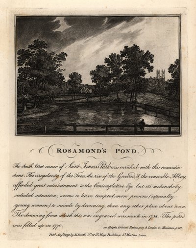 Rosamond’s Pond, St James’ Park, circa 1758 (filled up in 1770) by John Thomas Smith