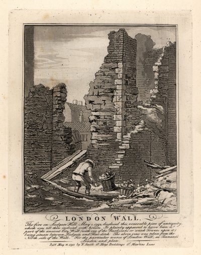 Ruins of the Roman London Wall exposed by the fire of May 1792 on Ludgate Hill by John Thomas Smith