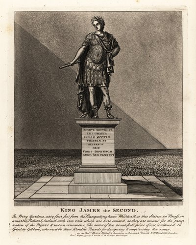 Statue of King James II of England in Costume as a Roman Emperor, Jacobus Secundus, Designed by Grinling Gibbons, in the Privy Gardens by John Thomas Smith