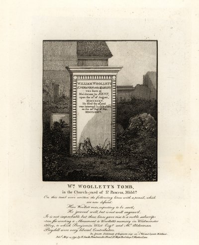 Tomb of royal engraver William Woollett, died 1735, in the churchyard of St Pancras, Middlesex by John Thomas Smith