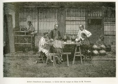 The craftsmen of a cloisonne workshop in Pekin (engraving after a photograph of M. Thomson to illustrate the journey to Pekin and northern China by T. Choutze, 1873, published in 