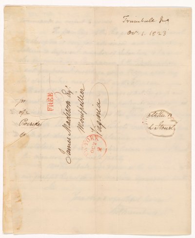Letter of John Trumbull (1756-1843) to President Madison Dated 1st Oct. 1823 by John Trumbull