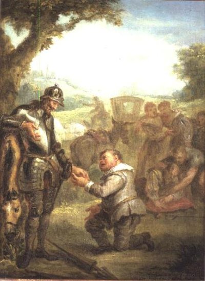 Don Quixote after the duel with the brave Biscayan, leans on his horse Rosinante, while Sancho Panchez asks for the governorship of the island of Barataria, scene from Cervantes