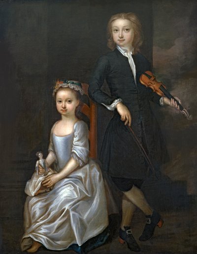 A young boy holding a violin and a young girl holding a doll by John Vanderbank