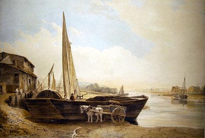 A Thames Barge Beached for Unloading by John Varley