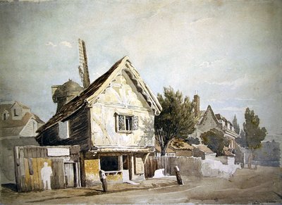 A street with old houses, a windmill beyond by John Varley