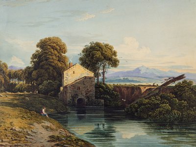 Watermill with Distant Castle and Hills by John Varley