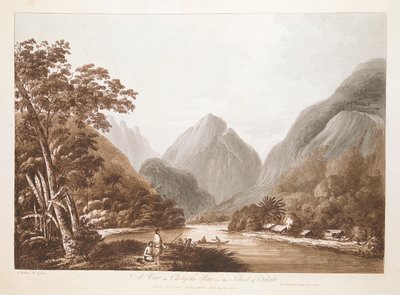 A View in Oheitepeha Bay, in the Island of Otaheite. Landscape with two figures in a canoe on a stretch of water surrounded by tall mountains, with thick trees on the lower slopes to either side, thatched buildings on the shore to right and two figures on by John Webber