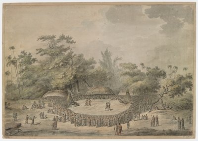 Captain Cook seated with the chiefs, watching two pairs of combatants; one pair boxing, the other pair fighting with clubs, within a large circle of spectators. Some men of Cook