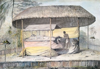 Funeral with deceased under canopy, Tahiti, Society Islands, watercolor by John Webber from description of Captain James Cook