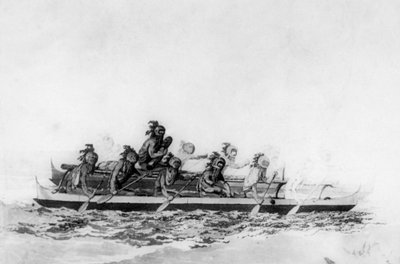 Masked Hawaiians in a double canoe by John Webber