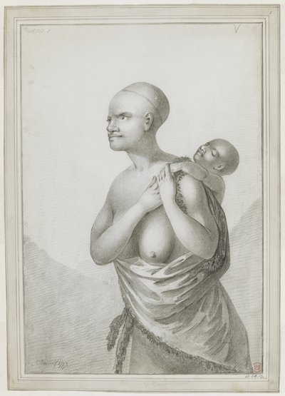 A Tasmanian woman carrying a child on her back, with a skin slung from her left shoulder about her waist. January 1777 by John Webber