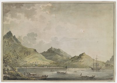 A View of the Harbour of Huahine with Peaked Mountains, Including Mount Turi, in the Background. In the Bay is the 