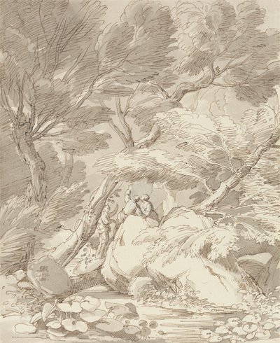 Figures on a Rocky River Bank at Canonteign, Devon by John White Abbott