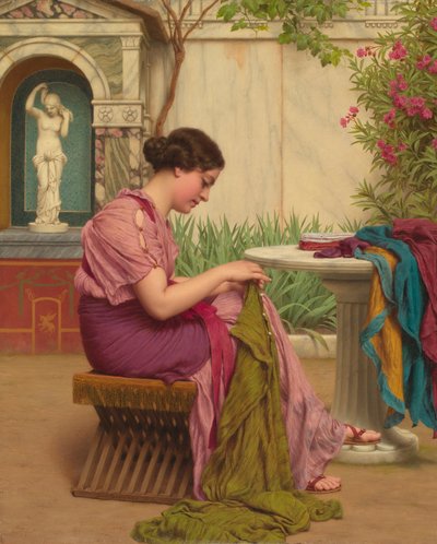 A Stitch is Free, or A Stitch in Time by John William Godward