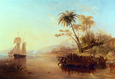 A British Surveying Ship in the South Pacific Greeted by Islanders in Outrigger Canoes by John Wilson Carmichael