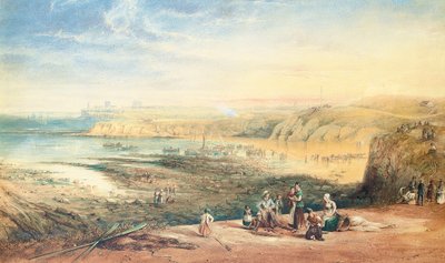Cullercoats looking towards Tynemouth, Northumberland, with fisherfolk in the foreground by John Wilson Carmichael