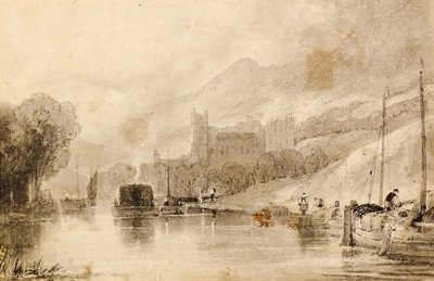 River Scene with Barges and Ruined Castle by John Wilson Ewbank