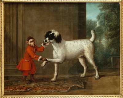 A Monkey wearing Crimson Livery dancing with a Poodle on the Terrace of a Country House by John Wootton