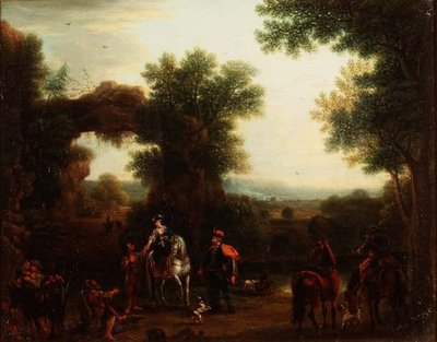 A Hunting Party Giving Alms to Gypsies in a Wooded River Landscape by John Wootton