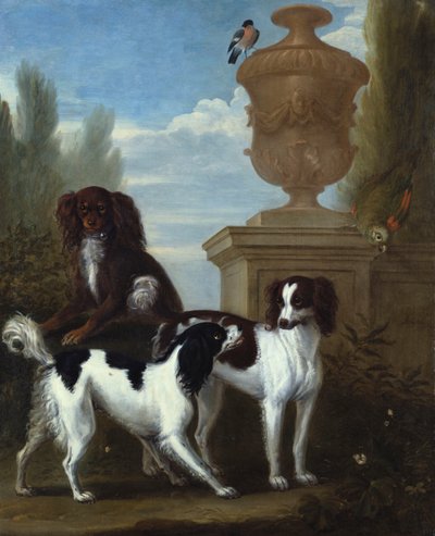 Three Spaniels by an Urn in a Wooded Landscape by John Wootton