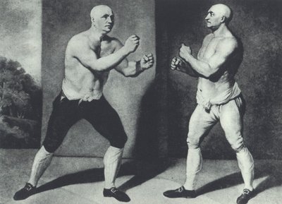Early British barefist boxers, John Broughton and George Stevenson fight in 1741: Broughton invented boxing glove by John Young