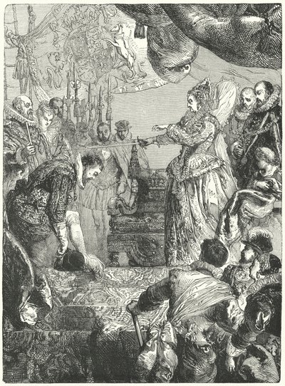 Sir Francis Drake receiving his knighthood from Queen Elizabeth I, 1581 by John after Gilbert