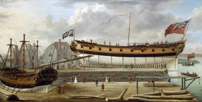 A sixth-rate ship (sixth rate), a British Royal Navy warship, in dry dock, the shipyard is probably that of Rotherhite, on the south bank of the Thames (England) by John the Elder Cleveley