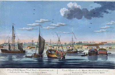 View of the royal docks at Woolwich, on the left bank of the Thames, in County Kent. Etching in colors by John Clevely the Younger by John the Younger Cleveley