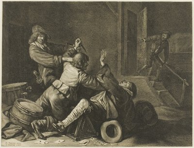 Three Men Struggling in an Interior by Jonas Suyderhoef