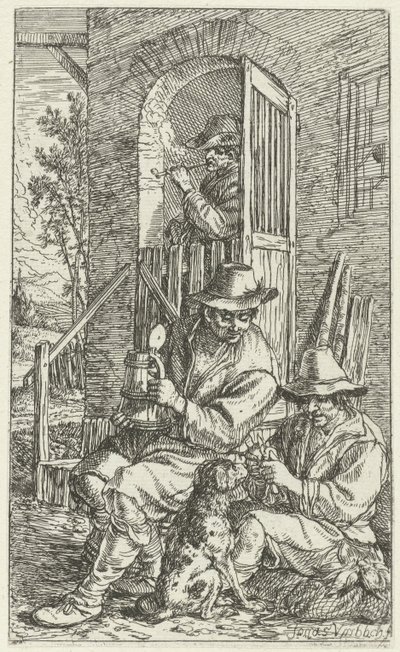 Two Men in Front of an Inn with a Dog by Jonas Umbach