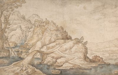 Hilly Landscape with River, Bridge and Houses with Two Figures at Left by Joos de Momper the Younger.