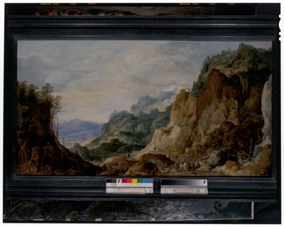 A Panoramic Mountainous Landscape with Journeymen Giving to the Poor, Packhorses Beyond by Joos or Josse de The Younger Momper