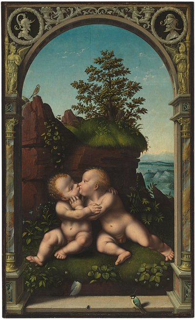 The Infant Christ and Saint John the Baptist as Children Embracing in a Landscape, Surrounded by a Classical Archway by Joos van Cleve