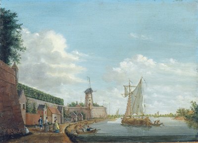 A River Landscape with Elegant Townsfolk Promenading by a City Wall by Jordanus Hoorn
