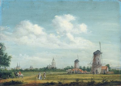 A View of Arnhem with the St. Walburgskerk on the Left and the Grote Kerk on the Right, Elegant Townsfolk Promenading Nearby, 1776 by Jordanus Hoorn