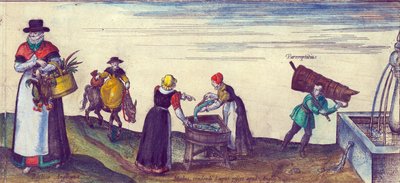 Country Folk Going to Market, Fishwives Selling Pike, and an Apprentice Fetching Water from a Fountain (detail) by Joris Hoefnagel