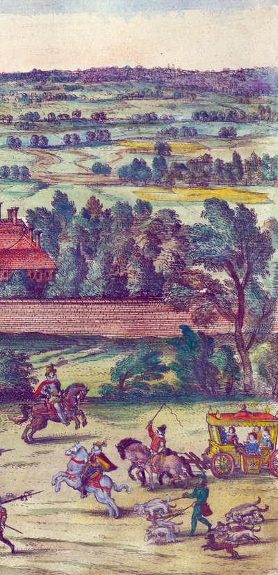 Courtiers and Hunting Dogs Accompanying the Arrival of Queen Elizabeth I at Nonsuch Palace (detail) by Joris Hoefnagel