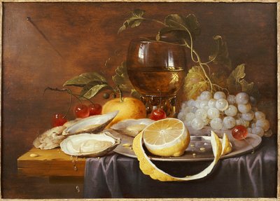 A Roemer, a Peeled Half Lemon on a Pewter Plate, Oysters, Cherries and an Orange on a Draped Table by Joris van Son