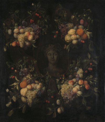 Simulated Sculpted Head of a Woman in a Cartouche Decorated with Swags of Fruit by Joris van Son
