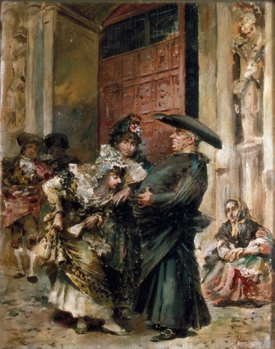 "La Sortie de la Messe": Two Women Examining the Belly of a Priest at the Exit of a Church. Painting by Jose Denis Belgrano by Jose Denis Belgrano