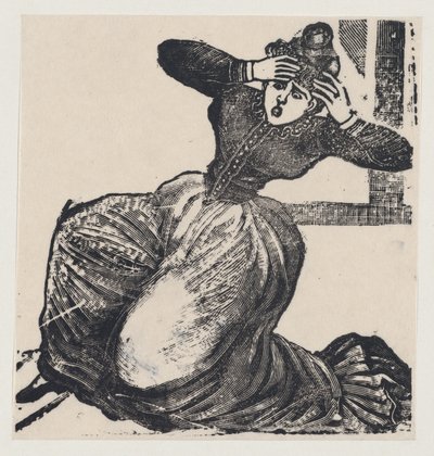A gasping woman on the ground with her hands raised to her head, from a broadside entitled... by José Guadalupe Posada
