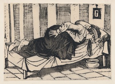 A man leaning over the side of a bed vomiting, from a broadside entitled 