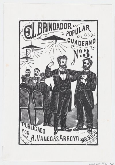 A man raising his glass with a group of men sitting at a table in the background by José Guadalupe Posada